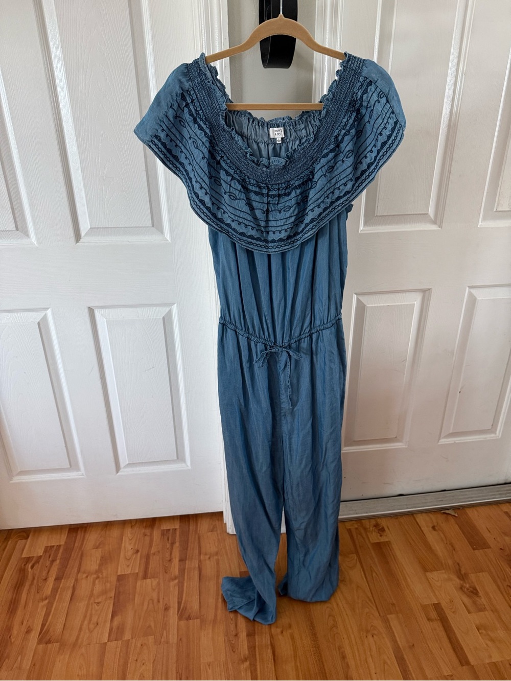 crown & ivy Blue Embroidered Off-Shoulder Jumpsuit